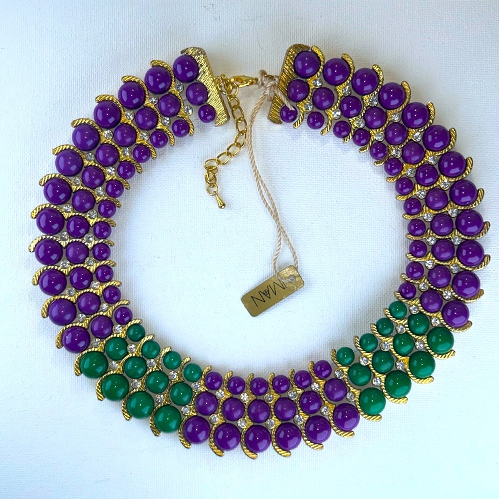 NWT Purple & Green Bead Gold Bar CZ Accents Statement Necklace By IMAN Modern